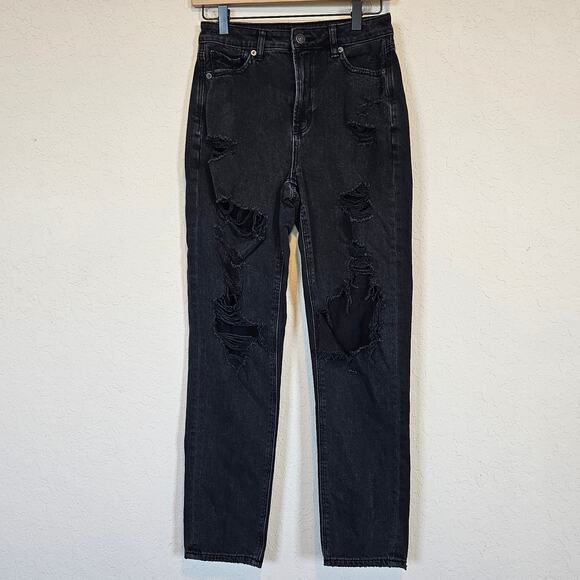 American Eagle Black Distressed High Waist Mom Jean Comfort Stretch Waistband 2 - Picture 1 of 14